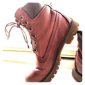 Red leather Timberland boots